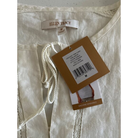 Ellen Tracy Womens Ivory Crochet Trim Cap Sleeve Tunic Top Linen Size Medium - Picture 4 of 7